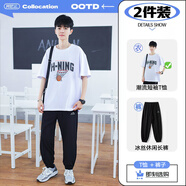 阿尼三2025新款t恤男短袖夏季青少年潮流黑色棉質(zhì)圓領(lǐng)上衣大童衣服男裝 白色+長(cháng)褲 2XL