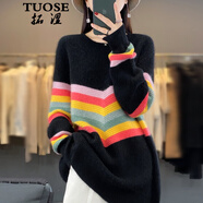 拓澀（TUOSE）秋冬加厚女圓領(lǐng)彩條拼色寬松慵懶中長款羊毛針織保暖顯瘦羊絨毛衣 經(jīng)典黑 M