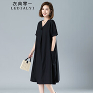 衣典零一（LEDIALYI）純棉短袖連衣裙女2024夏季新款時(shí)尚氣質(zhì)休閑寬松顯瘦中長(zhǎng)款裙子 黑 M（建議95-120斤）