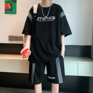 柏樂迪（BAILEDI）初中小學(xué)生短袖t恤男孩12-15歲男童帥氣半袖套裝16青少年大童夏裝 TZ5205黑色（短袖+短褲） 180 3XL（建議170-190斤左右）
