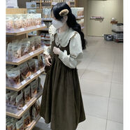 含蕊高中生少女生大學(xué)生法式復(fù)古風(fēng)連衣裙冬季單裝學(xué)院風(fēng)娃娃領(lǐng)襯衫上 墨綠色_單件背帶裙 s_關(guān)注店鋪小禮物