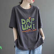 萱戀菲純棉復(fù)古寬松短袖t恤女時(shí)尚貼布上衣 深灰色【DAPUMI】 XL 建議120-135斤