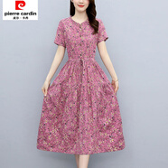 皮爾卡丹棉麻碎花連衣裙女2025新款夏裝時(shí)尚收腰休閑寬松洋氣減齡中長(cháng)裙子 粉色 XL 115-130