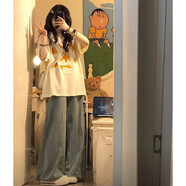 MZPLOI初中高中學(xué)生純棉寬松短袖t恤+高腰牛仔褲時(shí)尚百搭日系少女套裝夏 杏色短袖(單件) XL (建議120-135斤)