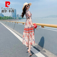 皮爾卡丹（pierre cardin）波西米亞碎花長裙連衣裙顯白2025夏天新款仙女三亞度假雪紡沙灘裙 米底紅花 XL 建議115-125斤