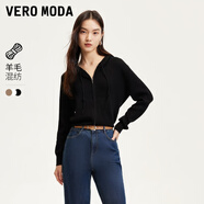 VEROMODA針織衫女秋新款含羊毛豎坑條連帽針織開(kāi)衫簡(jiǎn)約休閑 黑色 155/76A/XS