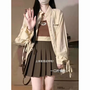 雷黛茜學(xué)院風(fēng)一整套穿搭高腰短款百褶半身裙女學(xué)生百搭綁帶襯衫吊帶上衣 杏色手帶襯衫+咖百褶裙 兩件套 L