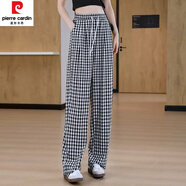 皮爾卡丹（pierre cardin）格子闊腿褲女夏季2024新款系帶高腰寬松顯瘦休閑直筒褲薄款涼涼褲 黑白格子 2XL