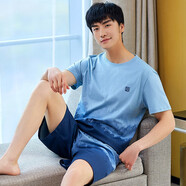 金立芬睡衣男夏季短袖純棉夏天青年加大碼薄款男款家居服套裝可外穿運(yùn)動(dòng) 656天藍(lán)色 M碼/100斤-120斤