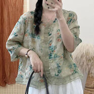 HGAI棉麻女裝 亞麻高檔上衣苧麻女品牌夏季新款文藝復古襯衫歐根紗拼 薄荷綠 XL【建議110-125斤】