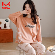 貓人（MiiOW）睡衣女純棉長袖長褲春秋套裝小熊印花全棉可外穿家居服兩件套 英文小熊6718 XL【建議120-140斤】