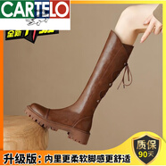 卡帝樂鱷魚（CARTELO）巨顯瘦不挑腿型V口厚底后系帶長筒靴子女2023秋冬棕色騎士靴 棕色單里(升級款) 35 標準尺碼