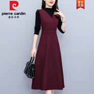 皮爾卡丹（pierre cardin）毛呢馬甲背心連衣裙女秋冬2023年新款氣質(zhì)修身厚款背帶裙兩件裝裝 酒紅 XL
