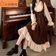 君瑞思大碼胖mm美拉德穿搭學(xué)院風(fēng)假兩件連衣裙女秋冬收腰顯瘦長(zhǎng)裙子 咖色 xl 建議115-130斤