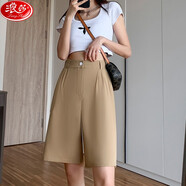 浪莎工裝短褲女夏季薄款寬松大碼外穿休閑百搭港味五分中褲高腰垂感顯瘦a字直筒女士闊腿西褲子 卡其色 S 80-95斤