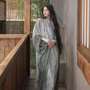 吉諾豐京森系文藝改良旗袍飄逸長(zhǎng)裙禪意女裝立領(lǐng)中式長(zhǎng)袍春秋裝兩件 冷綠+白色打底裙 S