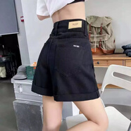 AHKA米白色哈倫牛仔褲女高腰顯瘦秋冬季款直筒寬松蘿卜老爹褲子 黑色短褲 L 適合111-121斤
