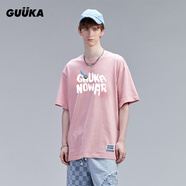 古由卡（GUUKA）xSANK嘻哈潮牌t恤男士短袖夏季情侶裝劉宇同款休閑寬松五分半截袖 粉色 F4662 M
