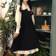 霏楚韓版背帶連衣裙女學(xué)生寬松百搭學(xué)院風(fēng)吊帶背心中長(zhǎng)裙子顯瘦A字裙 娃娃領(lǐng)襯衫+背帶裙 S