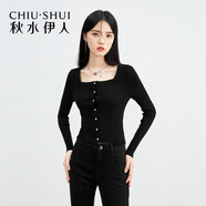 秋水伊人針織開衫春季新款方領(lǐng)修身百搭小個(gè)子休閑彈力上衣女顯瘦T恤 黑色 S