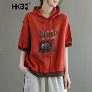 HKBQ 品質(zhì)輕奢潮牌棉連帽短袖衛(wèi)衣女夏薄款韓版印花寬松文藝民族風(fēng)洋氣女裝T恤 桔色 L 100-120斤