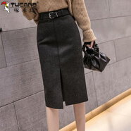 啄木鳥(niǎo)（TUCANO）秋冬新款毛呢半身裙女韓版百搭高腰顯瘦中長(cháng)款開(kāi)叉裙加厚一步裙女 深灰開(kāi)叉 M 建議95-105斤