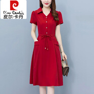 皮爾卡丹（pierre cardin）時尚短袖襯衫連衣裙女2024夏季新款洋氣媽媽顯瘦系帶氣質(zhì)中長裙子 紅色 3XL (130-140斤)