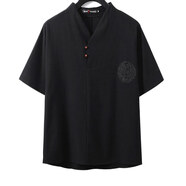 夏季加大碼短袖t恤男寬松棉麻佛系中老年推拿按摩沐足養生半截袖 黑色 7XL建議241-260斤