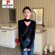 皮爾卡丹（pierre cardin）奶白色修身泡泡袖毛衣打底衫純欲交叉設(shè)計(jì)感短款V領(lǐng)掛脖針織衫 黑色 S