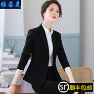 雅若美（yaruomei）小西裝職業(yè)裝女裝套裝長(zhǎng)袖工作服西服外套前臺(tái)工裝面試商務(wù)正裝 黑色西裝+褲子 L碼(建議100-110斤)