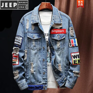JEEP SPIRIT男裝春秋新款牛仔外套男流行刺繡鴛鴦休閑夾克淺藍色男裝修身上衣 藍色1136貼章外套 XL