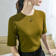 正其心2025夏季女士螺紋T恤中袖百搭顯瘦彈力棉五分袖打底衫女 芥黃色 3XL 建議135-145斤