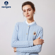 Navigare意大利小帆船女士毛衣秋冬季新款純綿羊毛長袖開衫通勤保暖外套男 冰水藍(lán) S