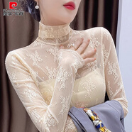皮爾卡丹（pierre cardin）蕾絲打底衫女薄款洋氣高檔品牌高領(lǐng)新款秋冬內(nèi)搭毛衣性感網(wǎng)紗小衫 杏色 高領(lǐng)堆堆領(lǐng) S