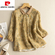 皮爾卡丹（pierre cardin）女復古蕾絲碎花苧麻薄上衣寬松棉麻亞麻短袖襯衫女裝 黃色(少量現貨) 2XL 【建議155-180斤】