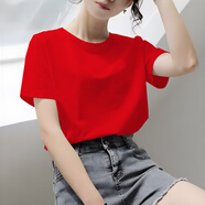 傾夕棉t恤女2023夏季新款純色純棉短袖上衣精梳棉體恤 紅色短袖T恤 XXL 145-160斤