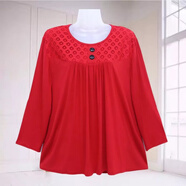 Lauaird 胖媽媽裝中老年加肥加大莫代爾長(cháng)袖T恤女春秋大碼媽媽打底衫200 紅色(長(cháng)袖蕾絲款) 5XL 建議體重(170-200斤)