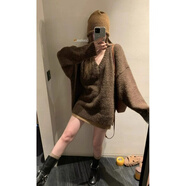 顏熏末美拉德慵懶寬松套頭秋冬v領(lǐng)毛衣女外穿咖啡色粗線針織上衣女加厚 棕色【美拉德穿搭】 S 【建議80-90斤】