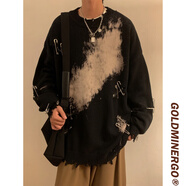 粉色破洞毛衣設(shè)計(jì)感小眾男冬季乞丐別針扎染針織衫日系慵懶風(fēng)外套 黑色 黑色 M