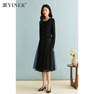 YINER音兒專選女裝秋季法式釘珠裝飾A字網(wǎng)紗拼接針織連衣裙 黑色 M
