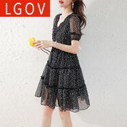 LGOV女裝旗艦店歐洲站2025夏季新款歐貨女收腰顯瘦氣質(zhì)款短袖V領雪紡碎花連衣裙 黑色 XL
