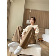 寶娜斯美拉德燈芯絨闊腿褲女春秋季高腰垂感直筒褲女生慵懶風褲子 卡其色冬季加絨款1條 均碼 【80-140斤】