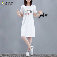 啄木鳥(niǎo)2024夏季新款短袖T恤裙女韓版寬松休閑大d碼連衣裙時(shí)尚減齡中長(cháng)裙 白色【氣球英文單車(chē)】 L 建議111-125斤