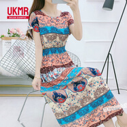 UKMR棉綢碎花連衣裙蝙蝠袖波西米亞中長款海邊渡假沙灘碎花人造棉裙子 蝙蝠袖異域風情 L 建議95-110斤