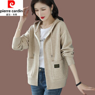 皮爾卡丹（pierre cardin）連帽毛衣外套女春秋季新款時(shí)尚外搭帶帽針織開衫洋氣休閑百搭上衣 米色 L