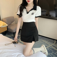 歐若婷雅輕熟風辣妹兩件套韓版時尚氣質(zhì)新款連衣裙女裝套裝2025夏季裙子女 白色上衣+黑裙 M