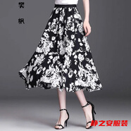 瑪菲萱女式中年人穿的夏天的裙子夏季含棉半身長(zhǎng)裙裙子夏天口袋修身復(fù)古 黑色底白花【沒有口袋】 L 建議115-130斤