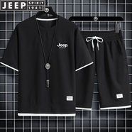 JEEP SPIRIT吉普短袖T恤男短褲運(yùn)動(dòng)套裝休閑兩件套夏季商務(wù)中青年 黑色 XL (145斤-160斤)
