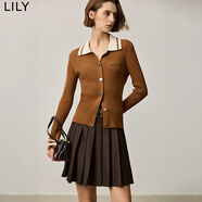 LILY秋新款女裝撞色修身顯瘦通勤針織開(kāi)衫短外套女秋冬 701棕色 S