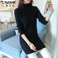 啄木鳥(niǎo)加厚加絨毛衣中長(cháng)款女2025韓版新款純色大尺碼半高領(lǐng)套頭打底針織 黑色 S 建議90-100斤